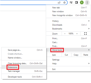 2. Klik Alat lainnya > Ekstensi.