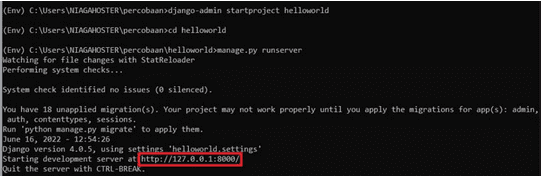 bagian bertanda merah adalah lokasi server untuk project Django Anda.