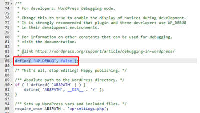Cari baris kode define( ‘WP_DEBUG’, false )