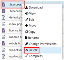 Temukan file .htaccess dan hapus dengan klik kanan > Delete
