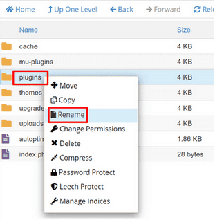 Klik kanan pada folder plugins dan klik Rename untuk mengubah namanya
