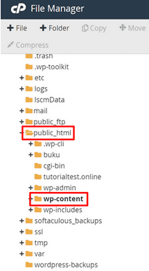 buka folder public_html > wp-content, lalu cari folder plugins.