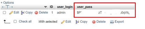 Anda bisa menemukan password login WordPress di bawah user_pass