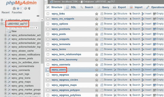 cari dan klik database bernama wp_users atau wpvy_users
