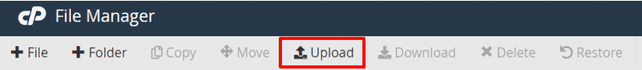 Klik menunya Mengunggah di bagian atas halaman File Manager