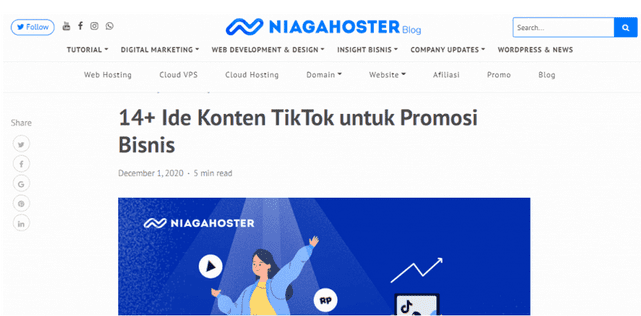 Contohnya seperti artikel blog Niagahoster berikut: 14+ Ide Konten TikTok
