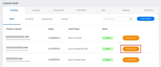 klik tombol Kelola Hosting